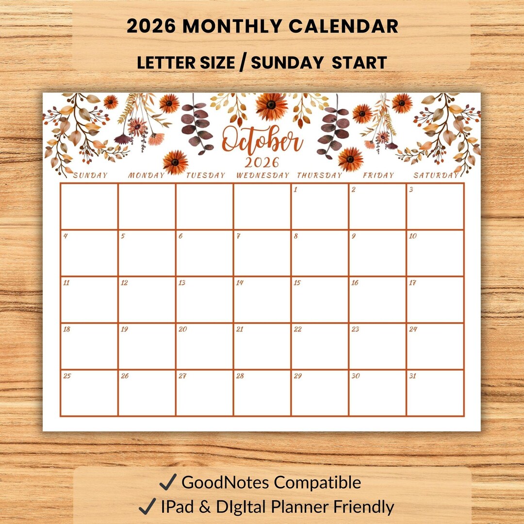 October Printable 2026 Calendar Watercolor Floral Monthly 2026 Planner ...