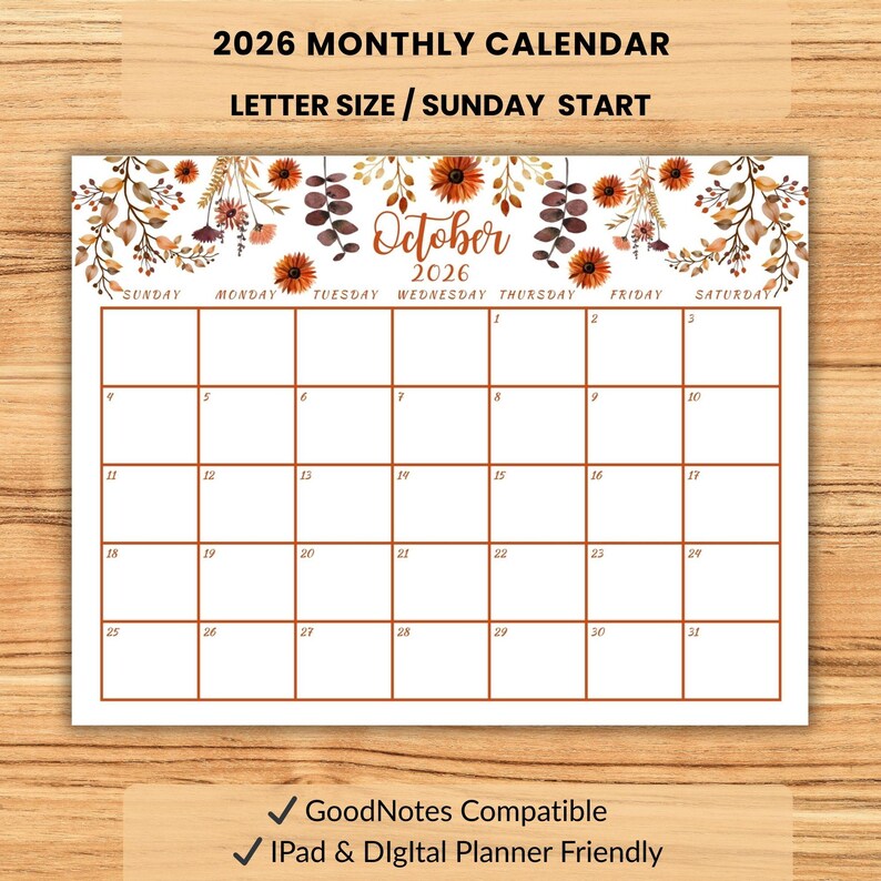 October Printable 2026 Calendar Watercolor Floral Monthly 2026 Planner ...