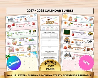 Editable 2027 Calendar Canva Template, Printable Calendar PDF, Monthly Planner, Yearly Calendar, A4 US Letter, Sunday Monday Start