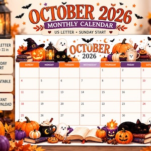 May include: A printable October 2026 monthly calendar with a Sunday start, measuring 8.5 by 11 inches. The design features Halloween illustrations including pumpkins, ghosts, black cats, lanterns, and books, with the text October 2026 displayed.