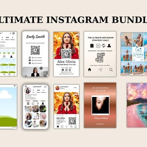 May include: An Ultimate Instagram Bundle graphic featuring Instagram profile mockups, business cards, and a planner. The bundle includes templates with the text "Emily Smith", "Alex Olivia", and "My Instagram Planner". The background is a light beige colour.