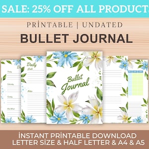 Bullet Journal Printable, Daily Weekly Monthly Planner PDF, Floral Habit Tracker, Gratitude Journal Pages, Digital Bujo Insert