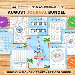 May include: A collection of colorful journal pages with various designs, including mood trackers, reading trackers, and a monthly calendar. The pages feature illustrations of beach scenes, televisions, and basketballs. Text includes "August Journal Bundel" and "A4 Letter Size & A5 Journal Size".