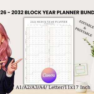 Planejador Anual em Blocos | Calendário Anual Resumido | Modelo Editável do Canva | Planejador Anual em PDF para Imprimir na Parede ou Mesa | Início no Domingo e Segunda-feira