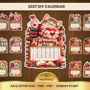 May include: A 2027 DIY calendar set featuring twelve monthly pages with illustrations of cats, books, and seasonal themes. Each page displays the month name, year, and a grid of dates. The text includes 2027 DIY CALENDAR, 12 MONTHLY, A4 & LETTER SIZE - PNG - PDF - SUNDAY START.