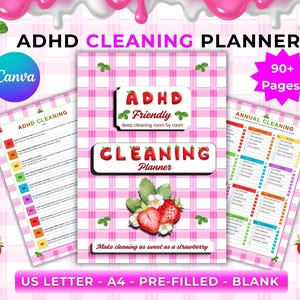 May include: A pink and white ADHD cleaning planner with strawberry accents. The planner includes the text "ADHD Cleaning Planner", "ADHD Friendly", and "Cleaning Planner". The planner is available in US Letter and A4 sizes, pre-filled or blank.