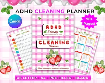 ADHD Cleaning Planner Bundle, Gamified Chore Reward System, Strawberry Aesthetic Daily Routine Checklist, Editable Canva Weekly Housework