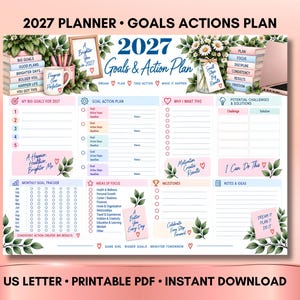 May include: A 2027 planner sheet titled Goals & Action Plan with sections for goals, action steps, monthly tracking, and milestones. The design features floral accents, stacks of books, and motivational text like A Brighter You in 2027.