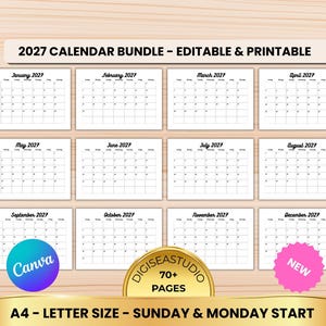Może przedstawiać: Zestaw kalendarzy na 2027 rok zawierający dwanaście miesięcznych stron w układzie siatki. Tekst zawiera 2027 CALENDAR BUNDLE - EDITABLE & PRINTABLE, Canva, DIGISEASTUDIO 70+ PAGES, NEW oraz A4 - LETTER SIZE - SUNDAY & MONDAY START. Strony są białe.