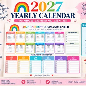 Op de afbeelding: Een jaarlijkse kalender voor 2027 en command center met een regenboogafbeelding, twaalf maandoverzichten en secties voor prioriteiten, notities, doelen, belangrijke data, reizen, verjaardagen, projecten en grote momenten in diverse kleuren.