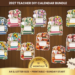 May include: A 2027 teacher DIY calendar bundle featuring twelve monthly calendar pages decorated with seasonal illustrations, including flowers, books, mugs, and holiday motifs. The text reads 2027 TEACHER DIY CALENDAR BUNDLE, PRINT, EDIT, PLAN, 12 MONTHLY, NEW, A4 & LETTER SIZE, PRINTABLE, SUNDAY START.