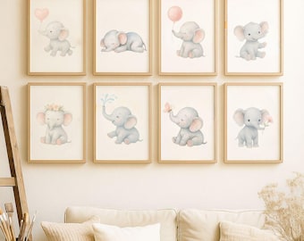 Watercolor Baby Elephant Nursery Wall Art | Safari Animal Print Set | Digital Download