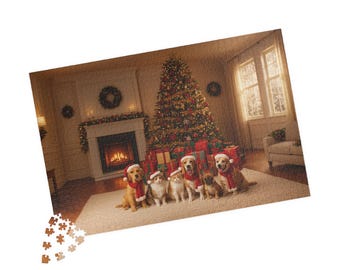 Rompecabezas navideño de perros y gatos, regalo festivo para amantes de las mascotas, noche de juegos familiares en Navidad.