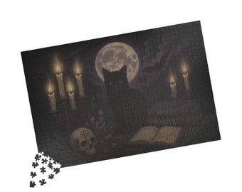 Gothic Black Cat Jigsaw Puzzle | Witchy Full Moon Art, Spooky Cat Lover Gift