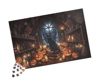 Magical Halloween Black Cat Puzzle | Cozy Autumn Jigsaw Art | Spooky Season Gift