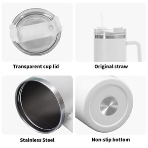 May include: White insulated tumbler with a handle, transparent lid, and straw. Features include a stainless steel interior and a non-slip bottom. The image also shows the text "Transparent cup lid", "Original straw", "Stainless Steel", and "Non-slip bottom".