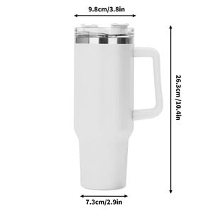 May include: A white insulated tumbler with a handle, measuring 10.4 inches tall and 2.9 inches wide at the base. The lid is clear with a silver rim. The tumbler is designed to keep beverages cold or hot for extended periods.