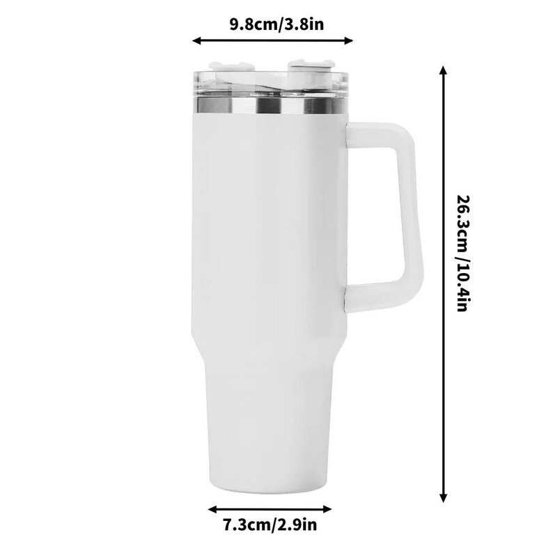 May include: A white insulated tumbler with a handle, measuring 10.4 inches tall and 2.9 inches wide at the base. The lid is clear with a silver rim. The tumbler is designed to keep beverages cold or hot for extended periods.