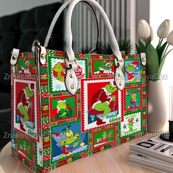 Grinch Christmas Leather Handbag, Grinch Christmas Shoulder Bag, Christmas Personalized Vintage Crossbody Bag, Top Handle Bag