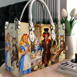 Alice im Wunderland Leder Handtasche, Alice im Wunderland Umhängetasche, personalisierte Vintage Crossbody Tasche, Top Griff Tasche