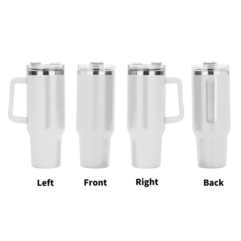 May include: Four white insulated travel mugs with handles and clear lids are displayed. The mugs are shown from the left, front, right, and back. The word "Left", "Front", "Right", and "Back" are printed below each mug.