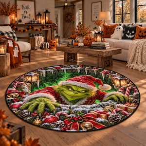 Christmas Grinch 3D Printed Rug, Christmas Grinch Round Fannel Door Mat, Spooky Season Door Mat, Christmas Rug, Christmas Gift