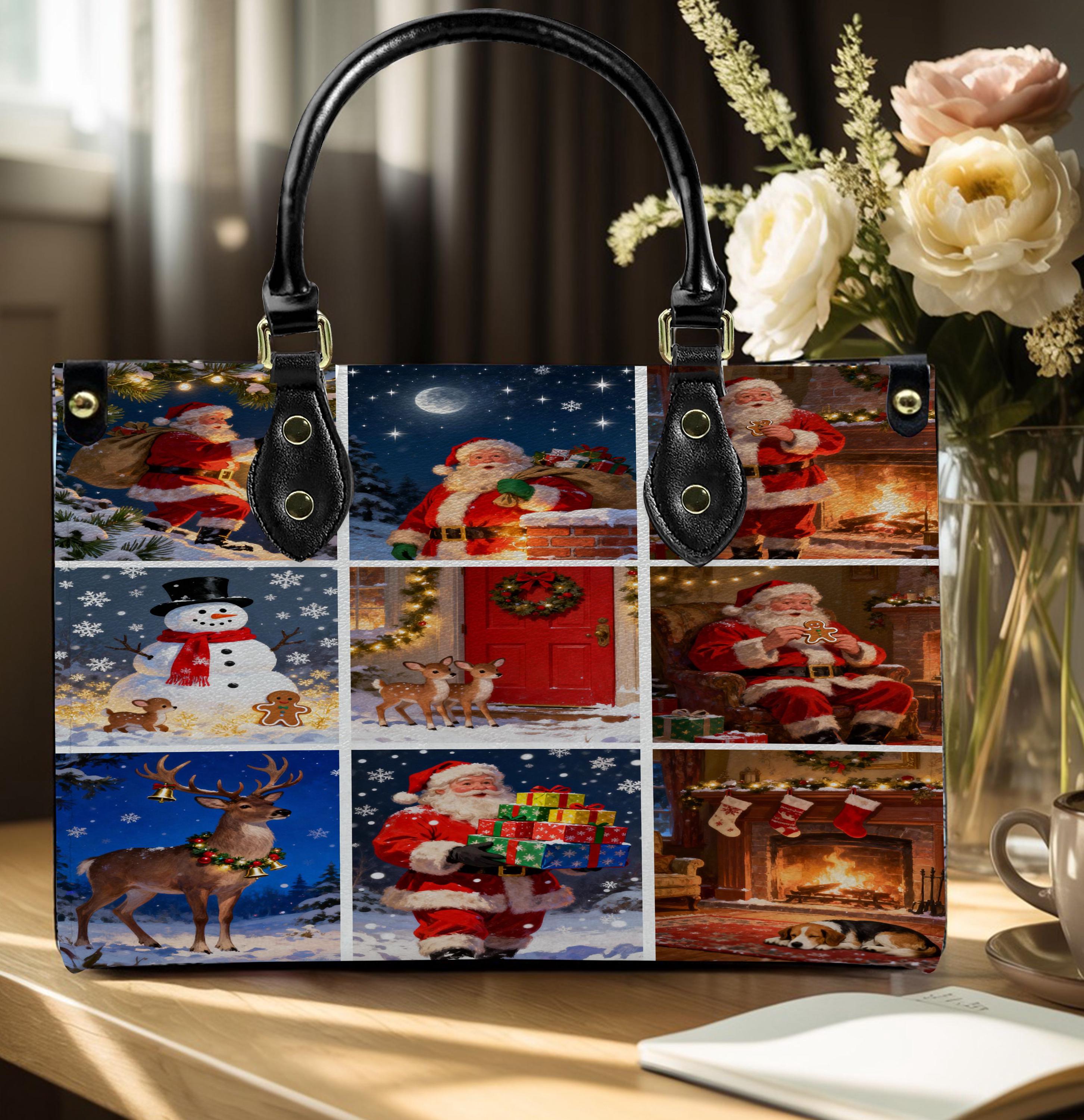 Discover Christmas Santa Claus Snowman Leather Handbag, Christmas Tree Shoulder Bag, Vintage Crossbody Bag, Top Handle Bag