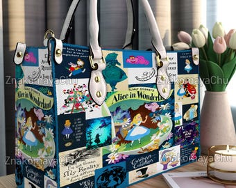 Bolso de piel de Alicia en el País de las Maravillas, bolso de hombro de Alicia en el País de las Maravillas, bolso bandolera vintage navideño de Alicia en el País de las Maravillas, bolso de asa superior