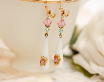 Extra long dangle earrings, vintage Swarovski crystal, vintage rose milk glass drop