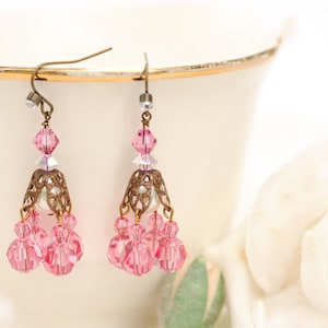 Pink chandelier earrings, vintage Swarovski crystal image 1