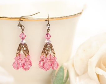 Pink chandelier earrings, vintage Swarovski crystal
