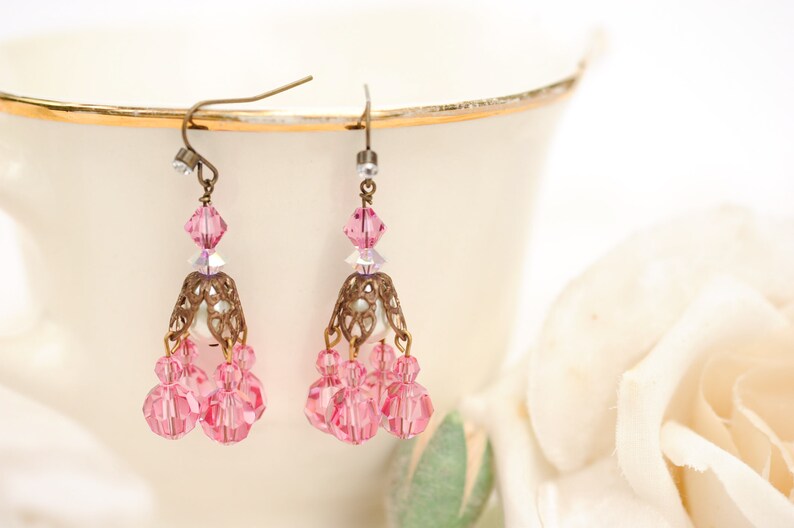 Pink chandelier earrings, vintage Swarovski crystal image 1