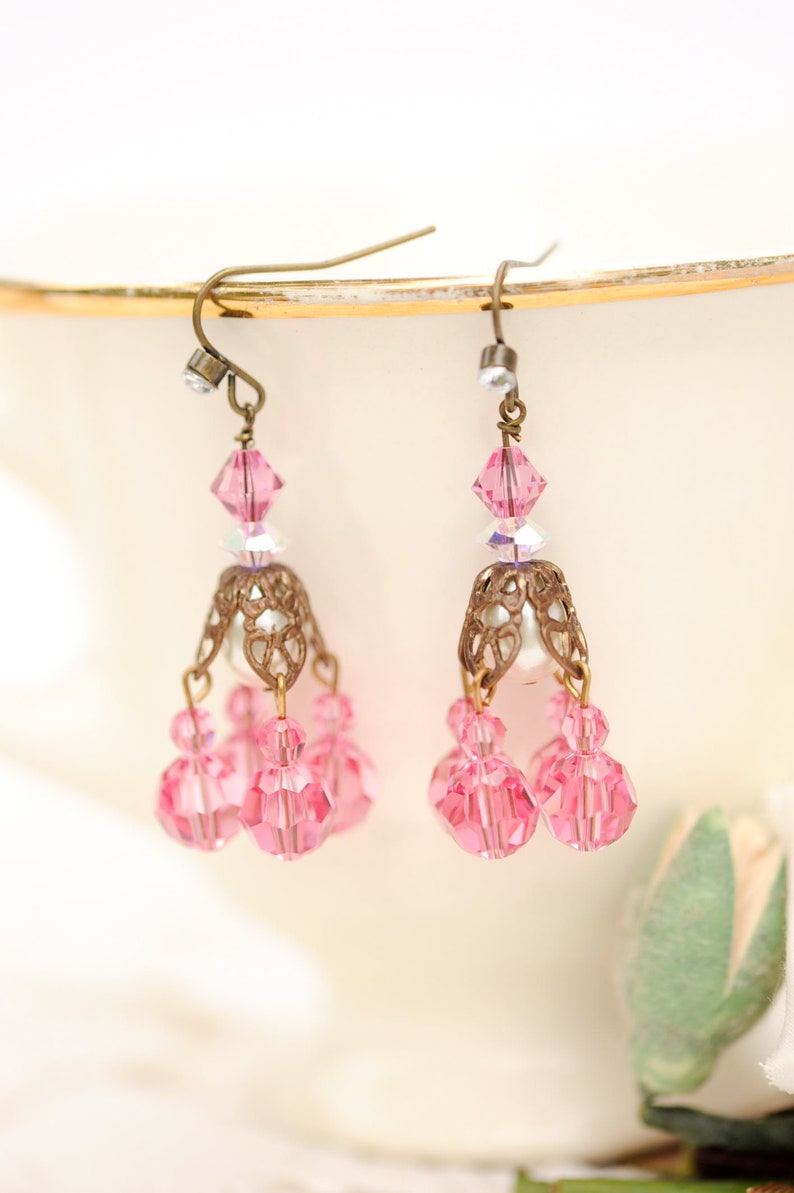 Pink chandelier earrings, vintage Swarovski crystal image 2