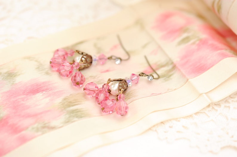 Pink chandelier earrings, vintage Swarovski crystal image 5