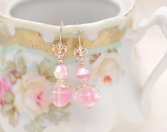 Pink glass dangle earrings, handmade, fleur de lis, givre glass