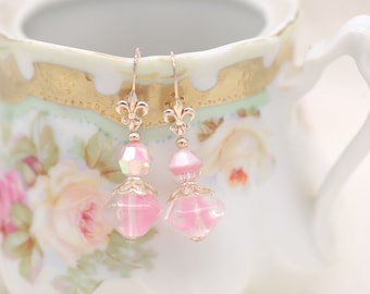 Pink glass dangle earrings, handmade, fleur de lis, givre glass