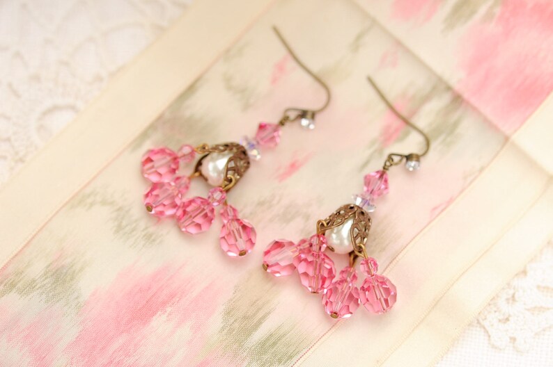 Pink chandelier earrings, vintage Swarovski crystal image 6