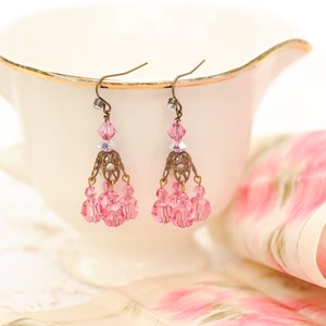 Pink chandelier earrings, vintage Swarovski crystal image 4