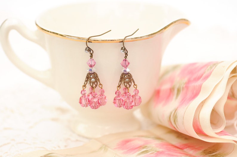 Pink chandelier earrings, vintage Swarovski crystal image 4