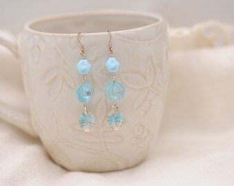 Blue long dangle earrings, vintage Swarovski crystal, vintage glass beads, glass leaves