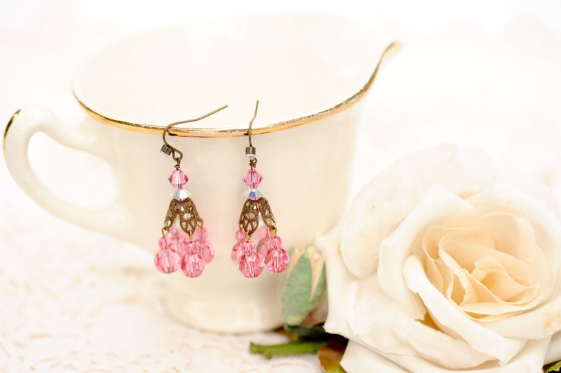 Pink chandelier earrings, vintage Swarovski crystal image 3