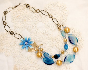 Blue Agate Statement Necklace, Vintage Brooch Assemblage, Gold Pearls