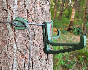 Mobile Hunting Bow hanger and Accessory Hook system with Amsteel