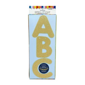 May include: A gold glitter "ABC" customizable garland kit. The kit includes gold interchangeable characters and the word "CONGRATS" for any occasion. The packaging is light blue with a rainbow design at the top.