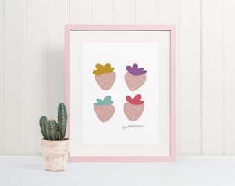 Modern Strawberry Print | Pink Strawberry Print | Fruit Illustration | Instant Digital Download