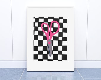 Checkerboard Scissors | Modern Object Printable | Pink Scissors Design | Instant Digital Download