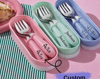 Juego de tenedor y cuchara personalizados con nombre, cubiertos para niños, utensilios con nombre personalizado, juego de alimentación para niños pequeños, regalo para niños