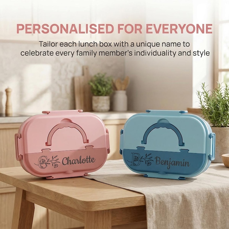 May include: Two personalized lunch boxes, one pink and one blue, sit on a wooden table. The pink box is labeled "Charlotte," and the blue box is labeled "Benjamin." Both boxes have a handle and are designed to be personalized.
