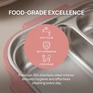 May include: A pink and silver stainless steel lunch box with the text "FOOD-GRADE EXCELLENCE". The lunch box has three compartments and features icons for easy cleaning, anti-corrosion, and food grade. The text "Premium 304 stainless steel interior ensures hygiene and effortless cleaning every day."