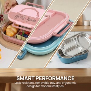 May include: A pink and blue lunch box with a handle and a removable stainless steel tray. The lunch box has the name "Jessie" printed on the lid. The image also includes the text "SMART PERFORMANCE".